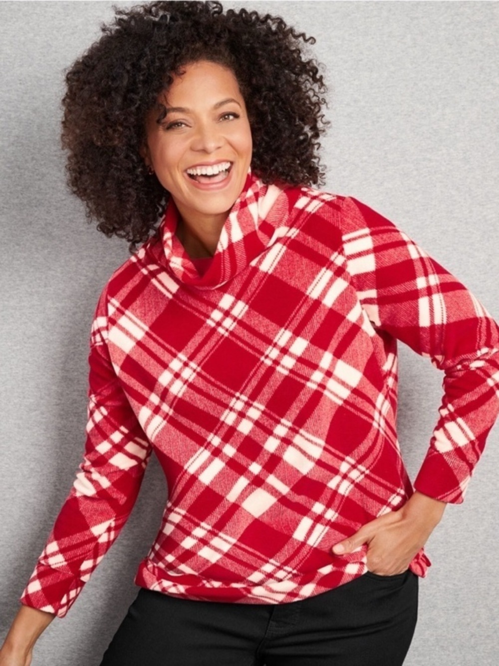 Talbots SZ MP Red White Plaid Turtleneck Comfy Fleece Long Sleeve Top